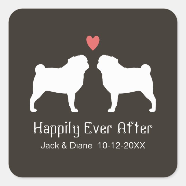 Pug Silhouettes with Heart and Text Square Sticker (Front)