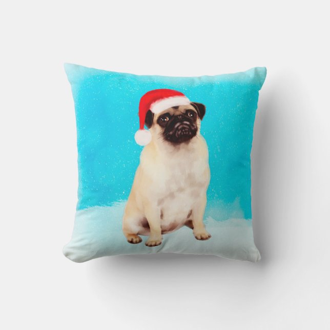 Pug Sitting in snow with Christmas Santa Hat Cushion (Front)