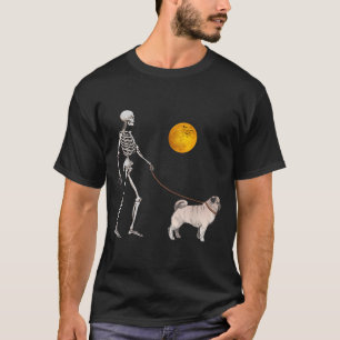 Pug Skeleton Dog Walking Halloween Costume T-Shirt