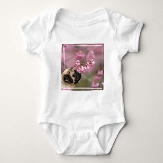 Pug Smelling Cherry Blossoms Baby Bodysuit (Front)