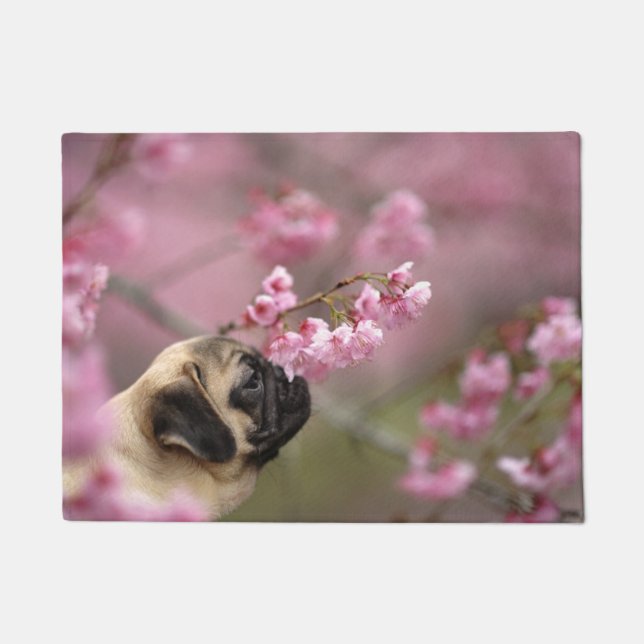 Pug Smelling Cherry Blossoms Doormat (Front)