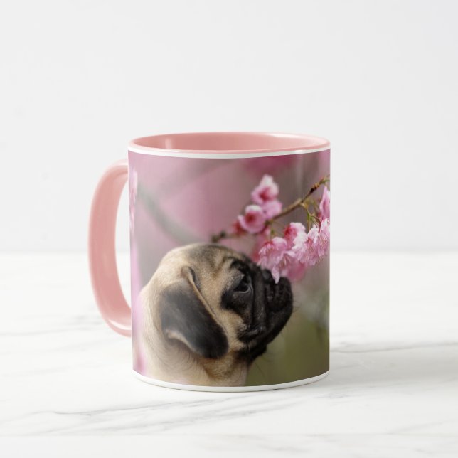 Pug Smelling Cherry Blossoms Mug (Front Left)
