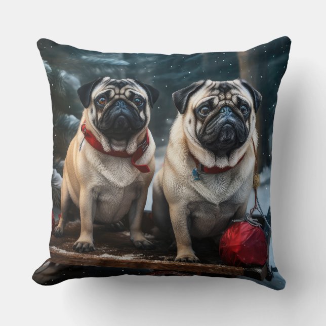 Pug Snowy Sleigh Christmas Decor Cushion (Front)
