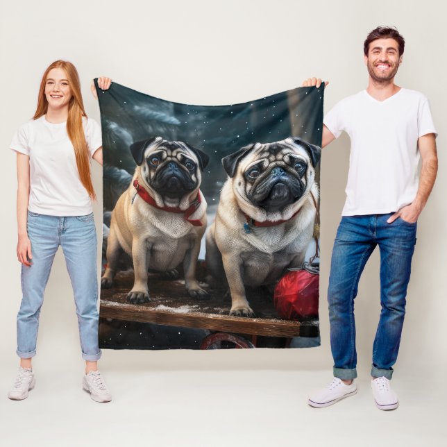 Pug Snowy Sleigh Christmas Decor Fleece Blanket (In Situ)
