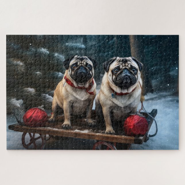 Pug Snowy Sleigh Christmas Decor Jigsaw Puzzle (Horizontal)