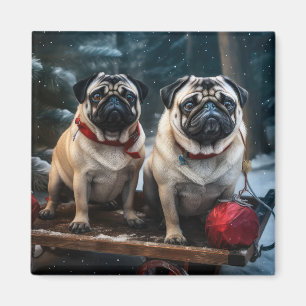 Pug Snowy Sleigh Christmas Decor Magnet