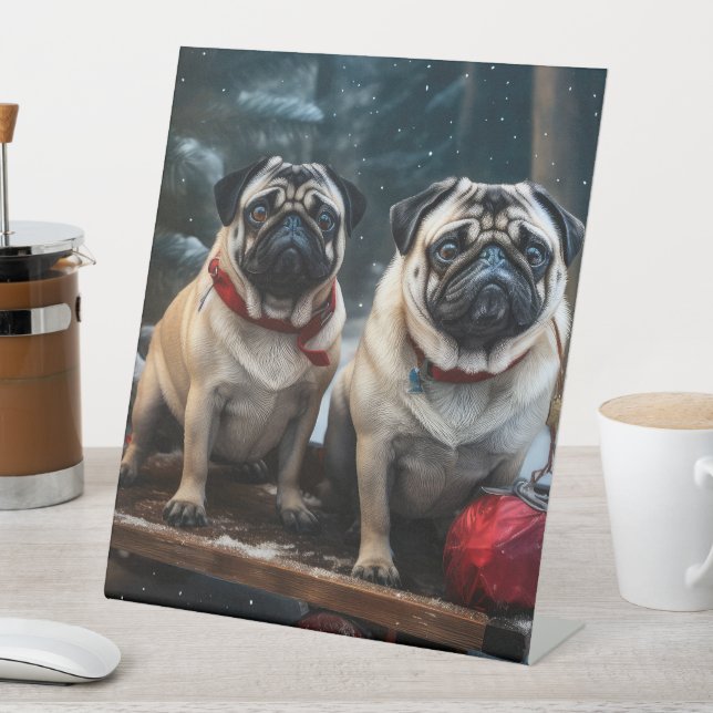 Pug Snowy Sleigh Christmas Decor Pedestal Sign (In SItu)