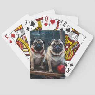 Pug Snowy Sleigh Christmas Decor Playing Cards