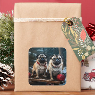 Pug Snowy Sleigh Christmas Decor Square Sticker