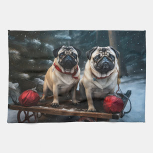 Pug Snowy Sleigh Christmas Decor Tea Towel