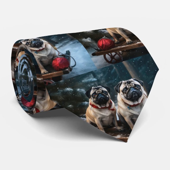 Pug Snowy Sleigh Christmas Decor Tie (Rolled)