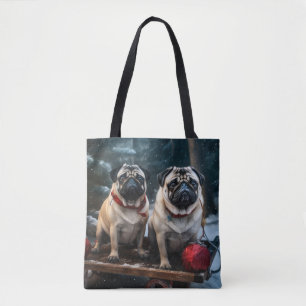 Pug Snowy Sleigh Christmas Decor Tote Bag