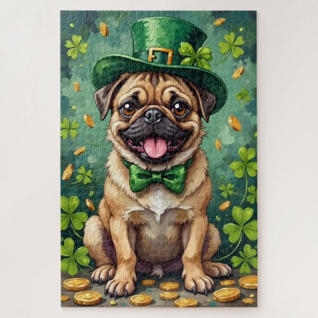 Pug St Patrick’s Day Funny Lucky Dog Jigsaw Puzzle (Vertical)