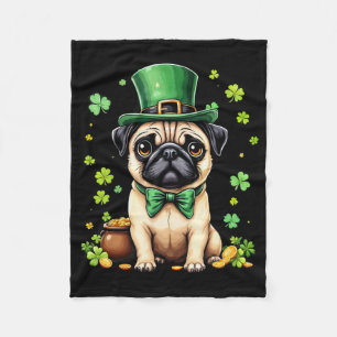 Pug St Patricks Day Cute Pug Leprechaun Hat Shamro Fleece Blanket