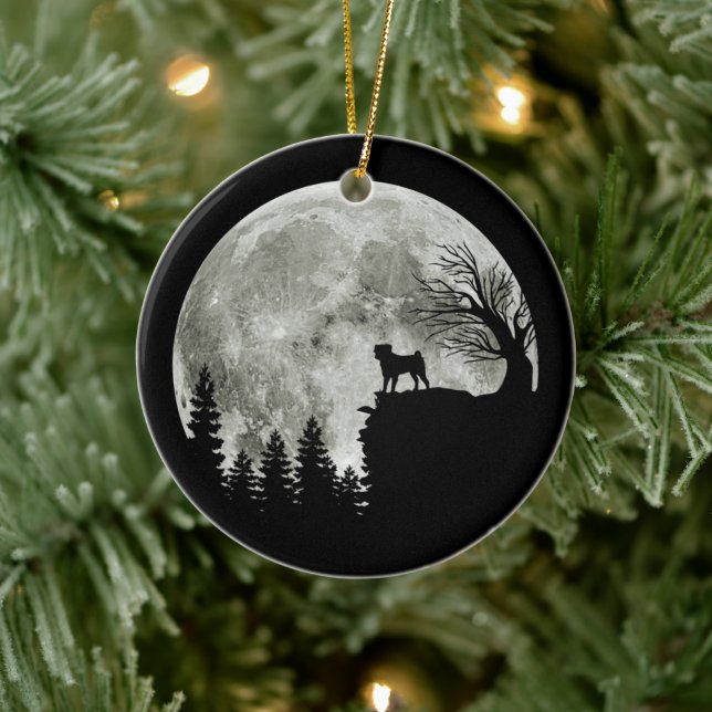Pug Stand On Mountain Spooky Halloween Moon Ceramic Ornament (Tree)