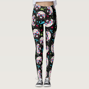 Pug Sugar Skull Pattern on Black Leggings