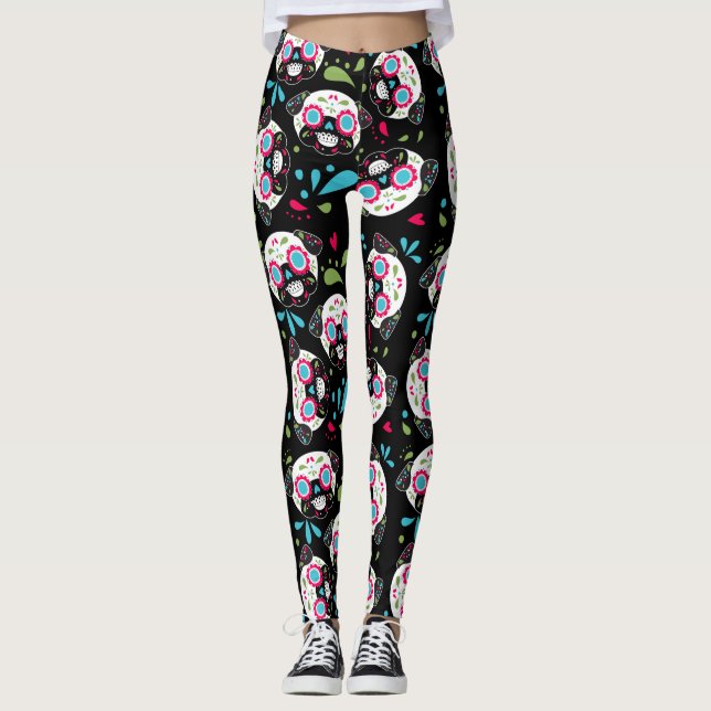 Pug Sugar Skull Pattern on Black Leggings (Front)
