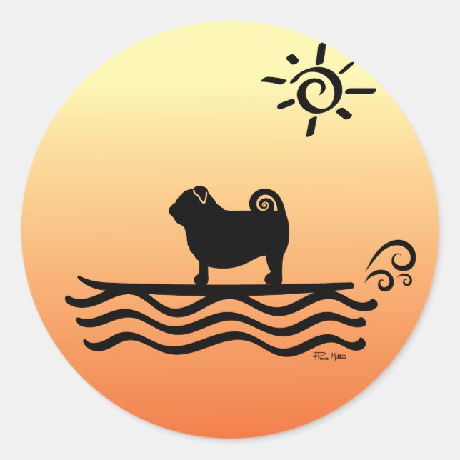 Pug Surf Classic Round Sticker (Front)