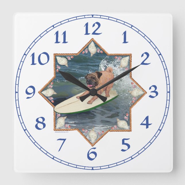 Pug Surfer Dude Square Wall Clock (Front)