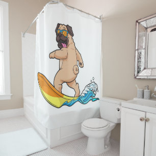 Pug Surfing Surfboard Pug Wearing Glasses Shower Curtain