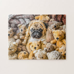 Pug Surrounded by Plush Teddy Bears Jigsaw Puzzle