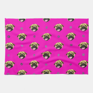 Pug Tea Towel Shocking Pink
