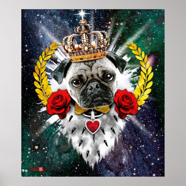 Pug the King with Crown + Red Roses Poster (Front)