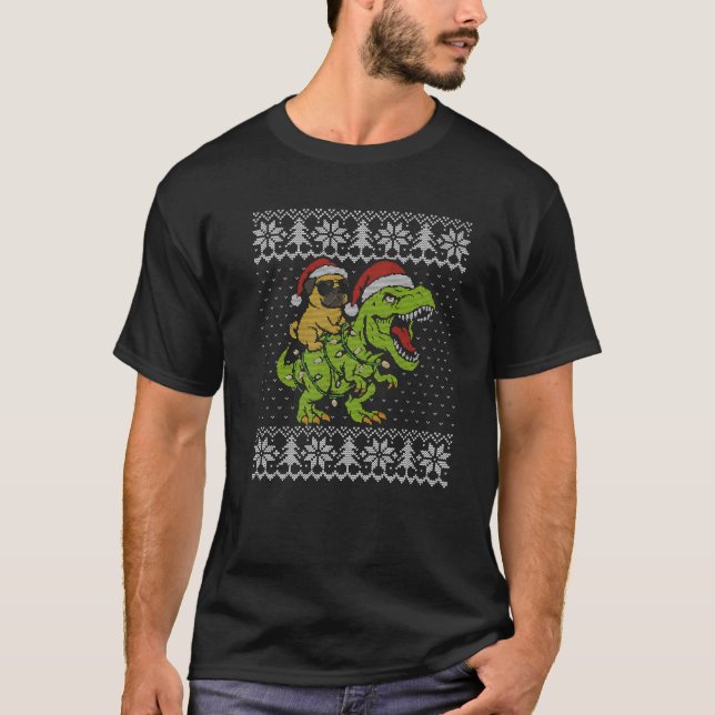 Pug Ugly Christmas Sweater Pug Riding Dinosaur Xma (Front)