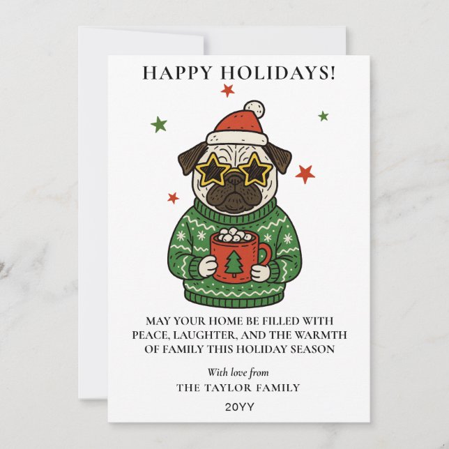 Pug Ugly Sweater Christmas Hot Cocoa Marshmallow  Holiday Card (Front)