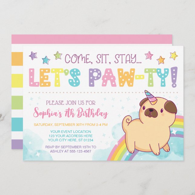 Pug Unicorn Birthday Invitation, Pug Birthday Invitation (Front/Back)