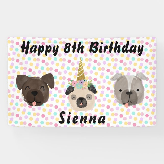 Pug Unicorn Little Girl Birthday Party Banner (Horizontal)