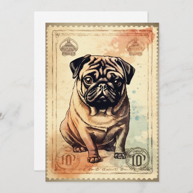 Pug Vintage Stamp Art  Holiday Card (Front/Back)