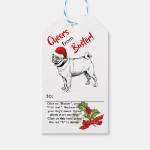 Pug w/Santa Cap Christmas Snowflake Personalize Gift Tags