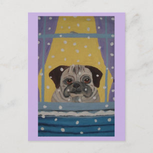 Pug watching is snow holiday postcard