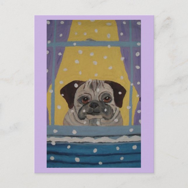 Pug watching is snow holiday postcard (Front)