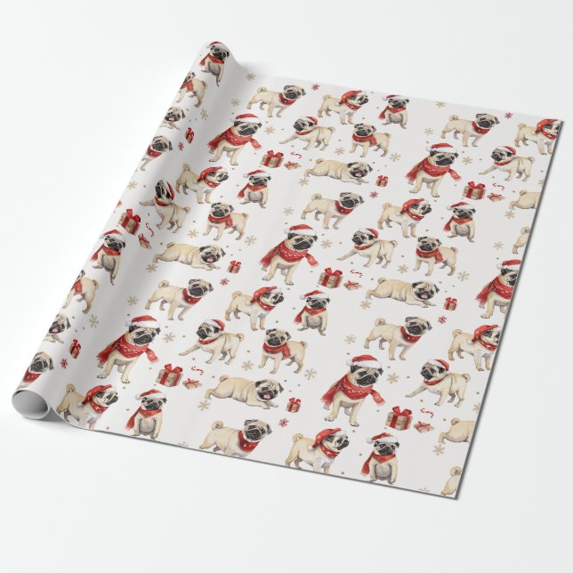 Pug Watercolor Pattern Christmas Wrapping Paper (Unrolled)