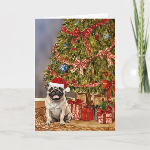 Pug Watercolor Under the Christmas Tree Card