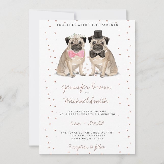 Pug watercolor wedding invitation (Front)