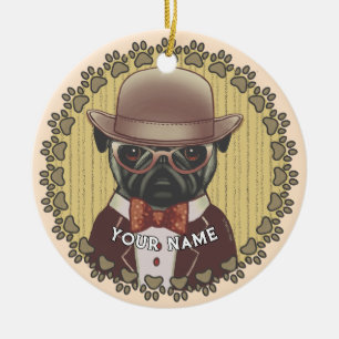 Pug Wearing Glasses Ceramic Ornament