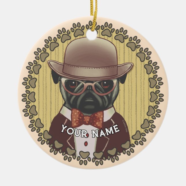 Pug Wearing Glasses Ceramic Ornament (Front)