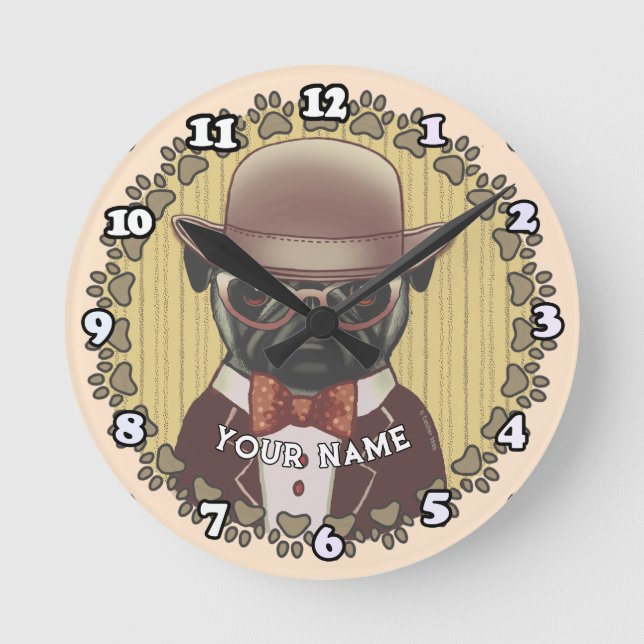 Pug Wearing Glasses Round Clock (Front)