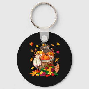Pug Wearing Hat With Fall Pumpkins Thanksgiving Do Key Ring