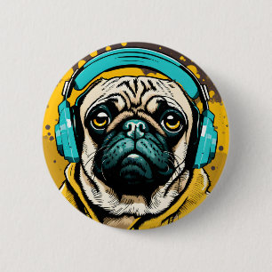 Pug wearing headphones 6 cm round badge