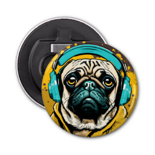 Pug wearing headphones bottle opener