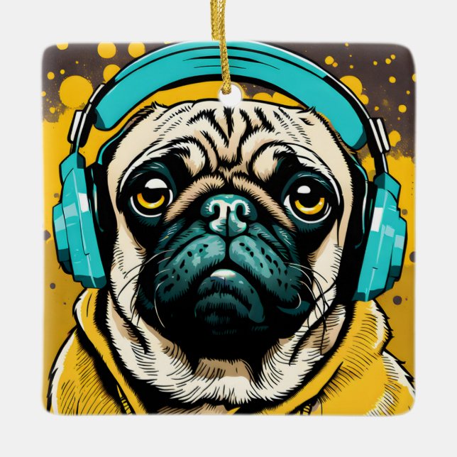 Pug wearing headphones ceramic ornament (Front)