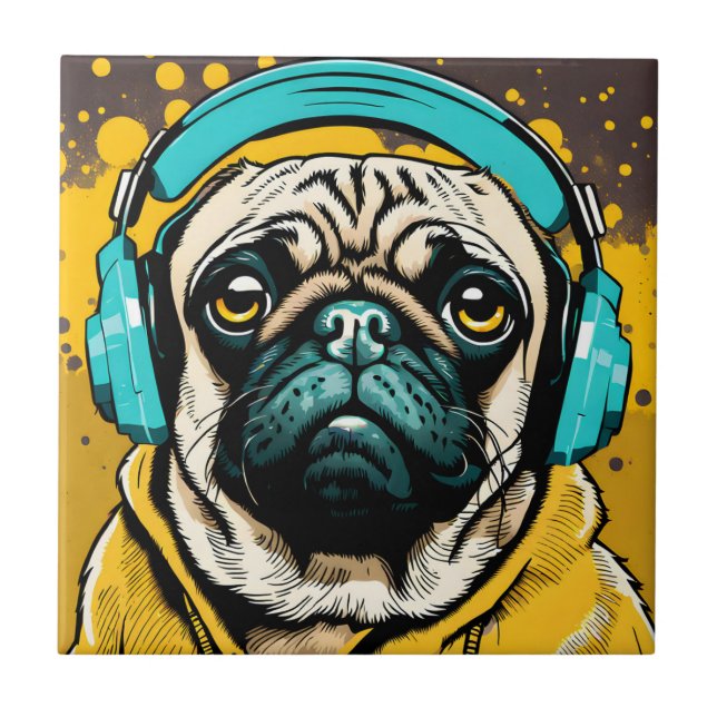 Pug wearing headphones ceramic tile (Front)