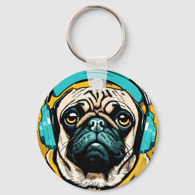 Pug wearing headphones key ring (Front)