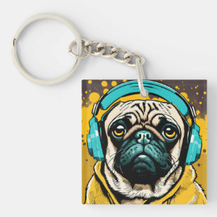 Pug wearing headphones key ring