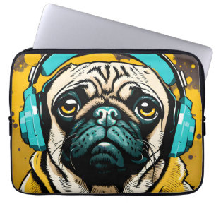 Pug wearing headphones laptop sleeve
