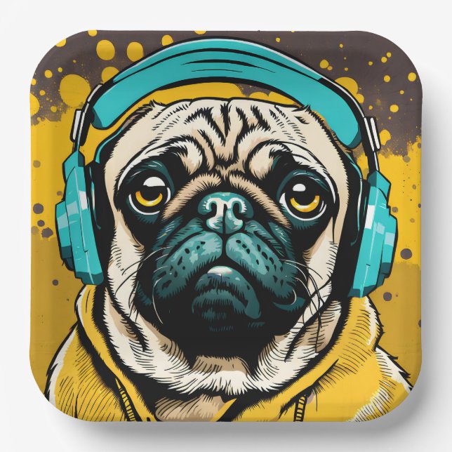 Pug wearing headphones paper plate (Front)